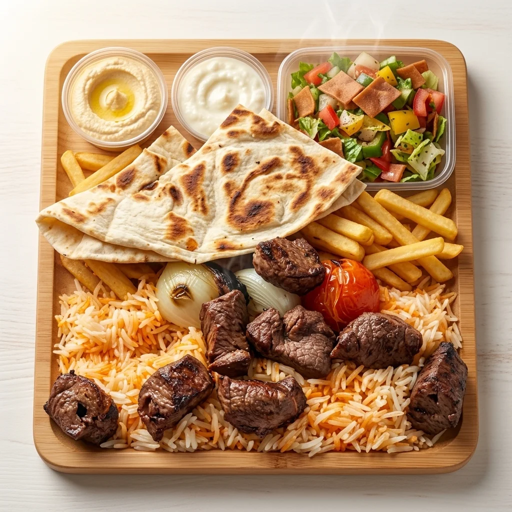 Lebanese beef kebab platter with rice, pita and hummus in Castle Downs, Edmonton