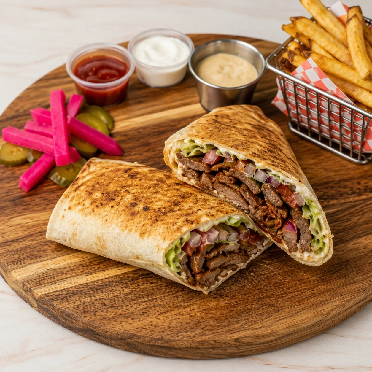 Beef shawarma wrap with pickles and fries at 137 Ave Mediterranean Cuisine in Castle Downs, Edmonton