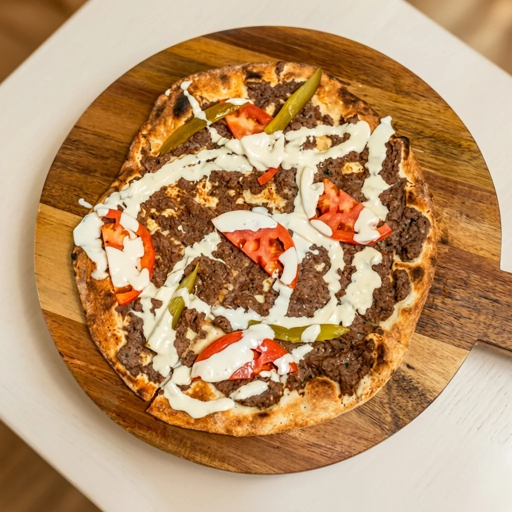 Lebanese lahm bi ajeen meat manakeesh with yogurt sauce at 137 Ave Mediterranean Cuisine in north Edmonton