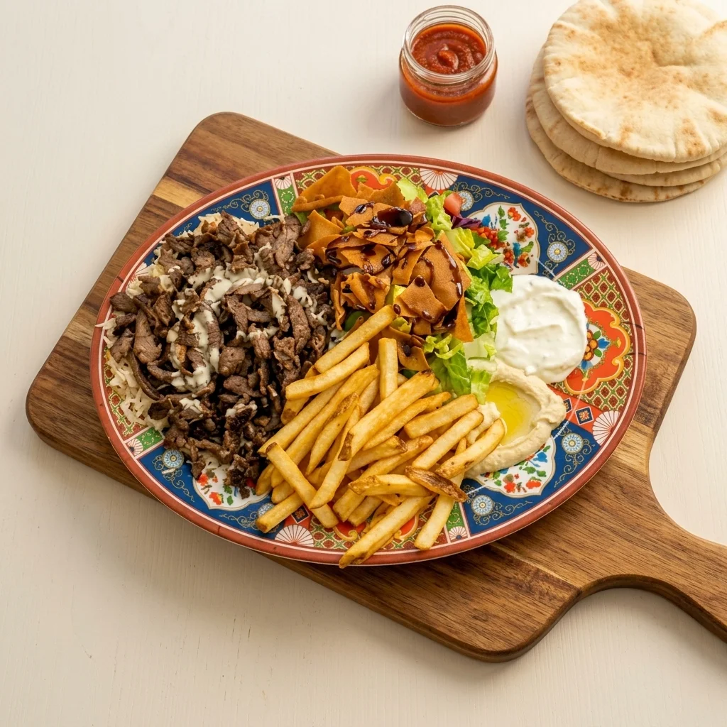 Beef shawarma plate with fries, garlic sauce and pita at 137 Ave Mediterranean Cuisine in Castle Downs, Edmonton
