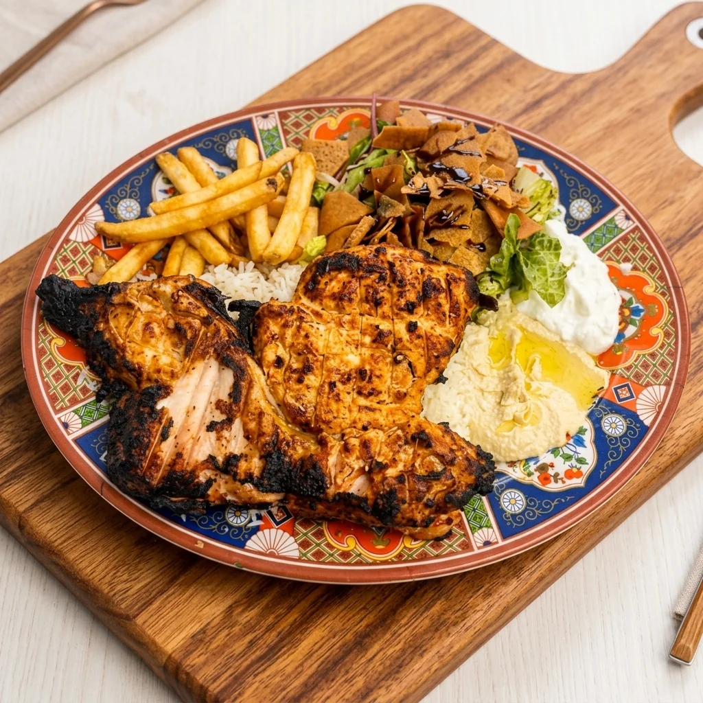 Charbroiled shish tawook chicken platter with rice and fries at 137 Ave Mediterranean Cuisine in Castle Downs, Edmonton
