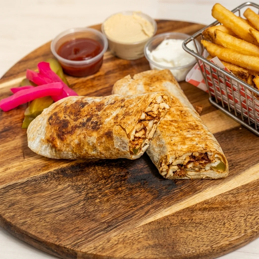 Chicken shawarma wrap with fries and dipping sauces at 137 Ave Mediterranean Cuisine in Northwest Edmonton