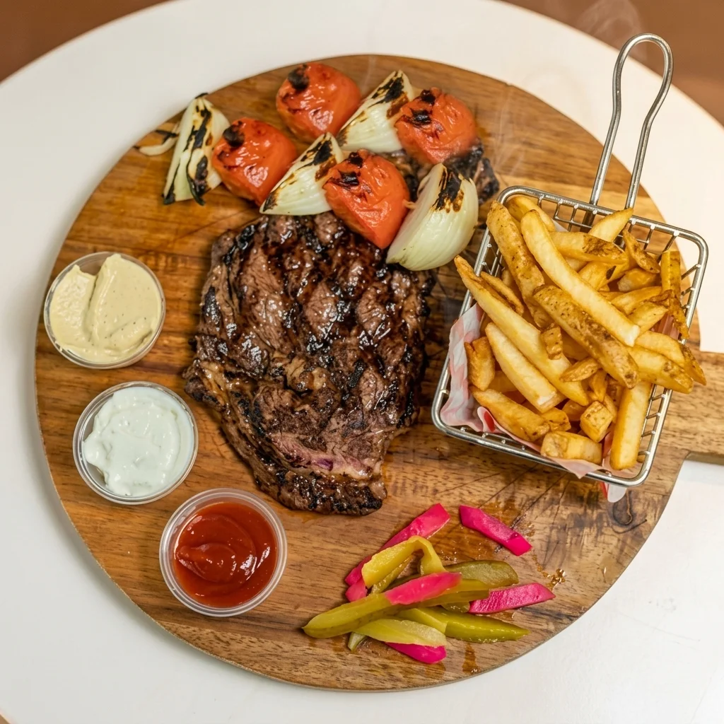 Charbroiled steak with grilled vegetables and fries at 137 Ave Mediterranean Cuisine in Edmonton